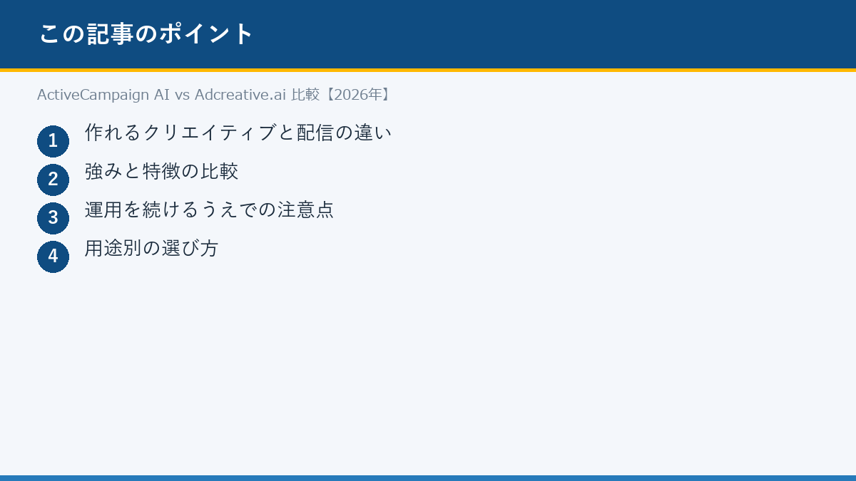 ActiveCampaign AI vs Adcreative.ai 比較【2026年】のポイント
