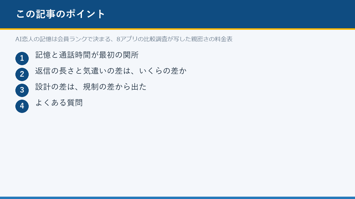 AI恋人の記憶は会員ランクで決まる、8アプリの比較調査が写した親密さの料金表のポイント