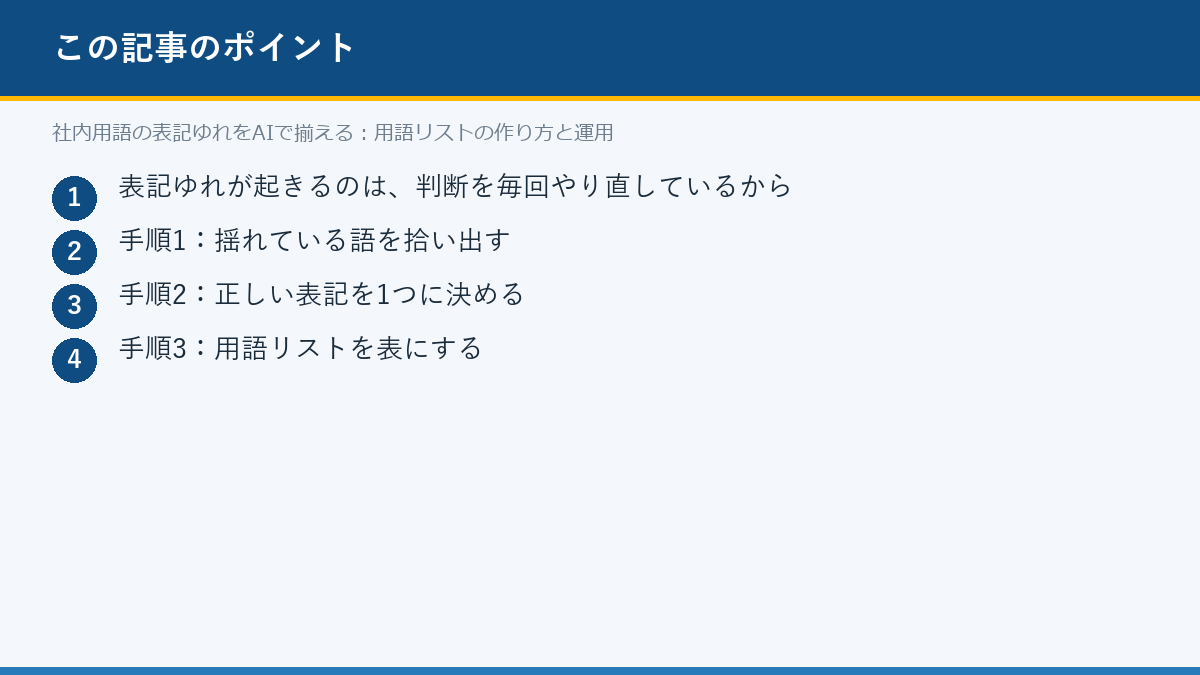 社内用語の表記ゆれをAIで揃える:用語リストの作り方と運用のポイント