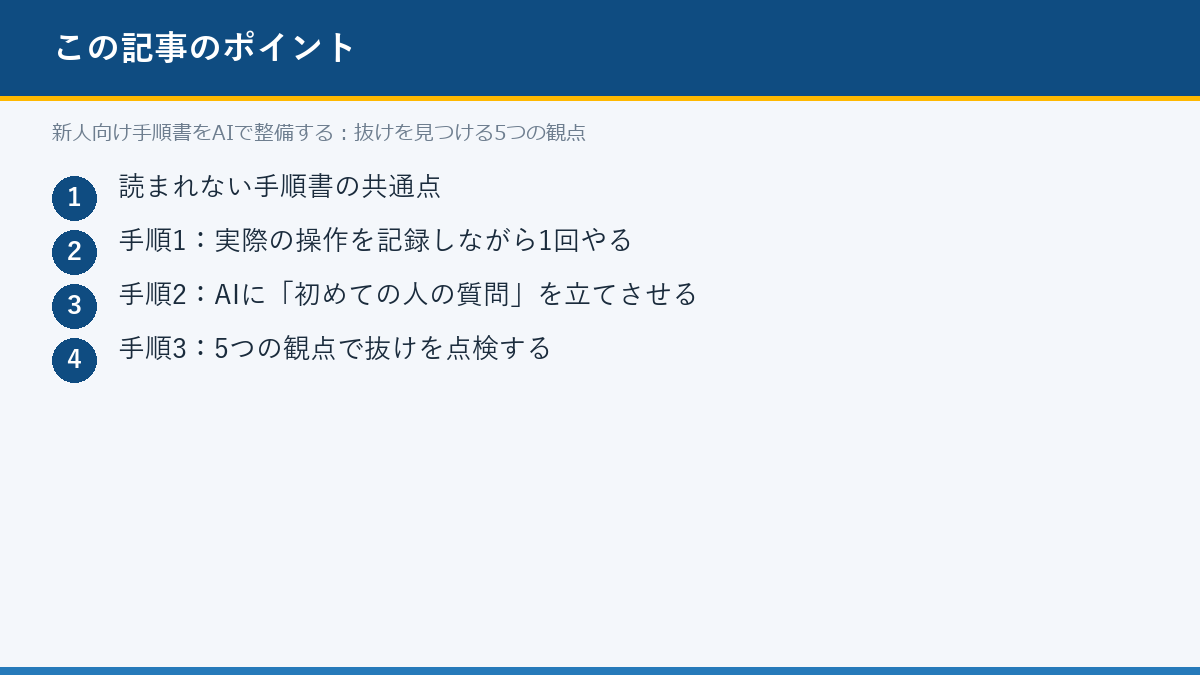 新人向け手順書をAIで整備する：抜けを見つける5つの観点のポイント