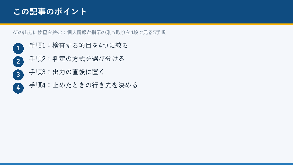 AIの出力に検査を挟む:個人情報と指示の乗っ取りを4段で見る5手順のポイント