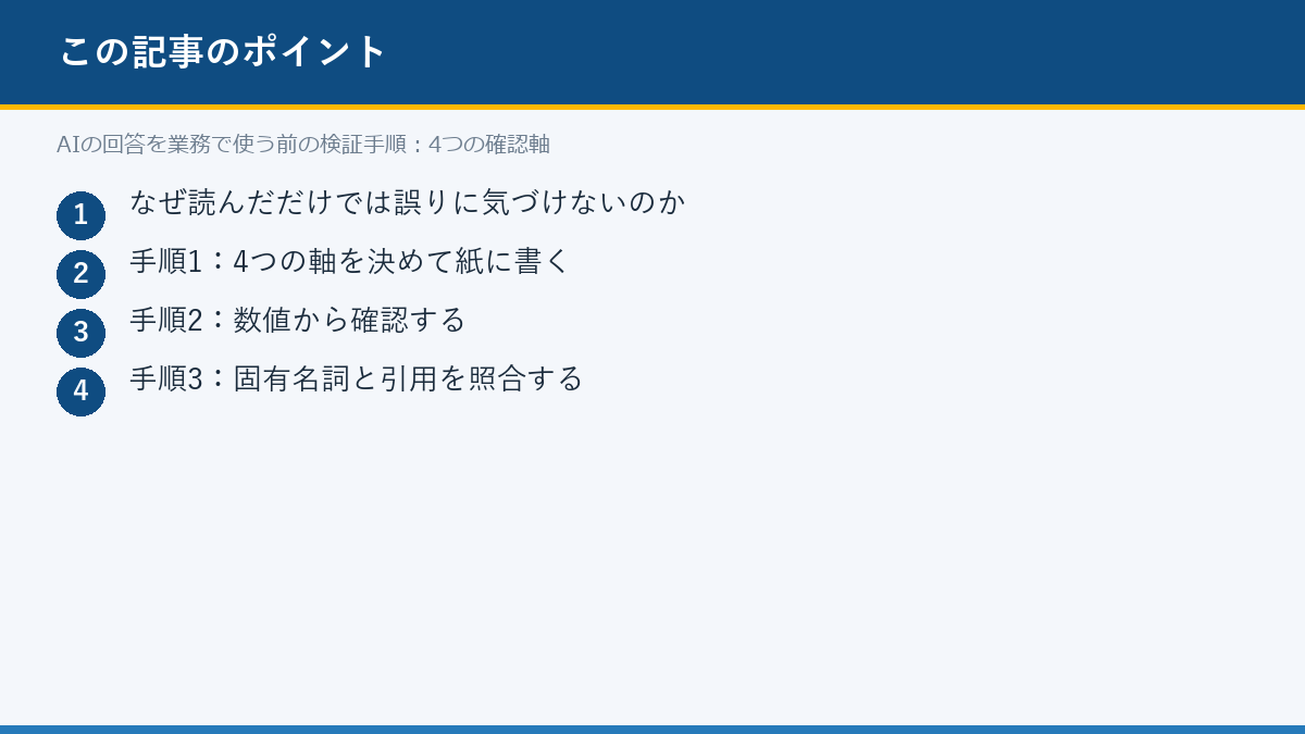 AIの回答を業務で使う前の検証手順:4つの確認軸のポイント