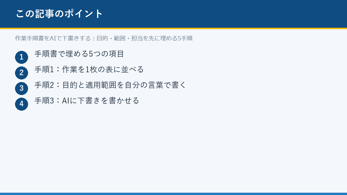 作業手順書をAIで下書きする:目的・範囲・担当を先に埋める5手順のポイント