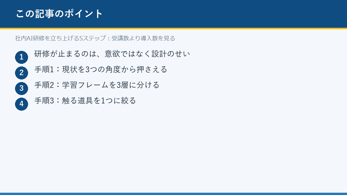 社内AI研修を立ち上げる5ステップ：受講数より導入数を見るのポイント