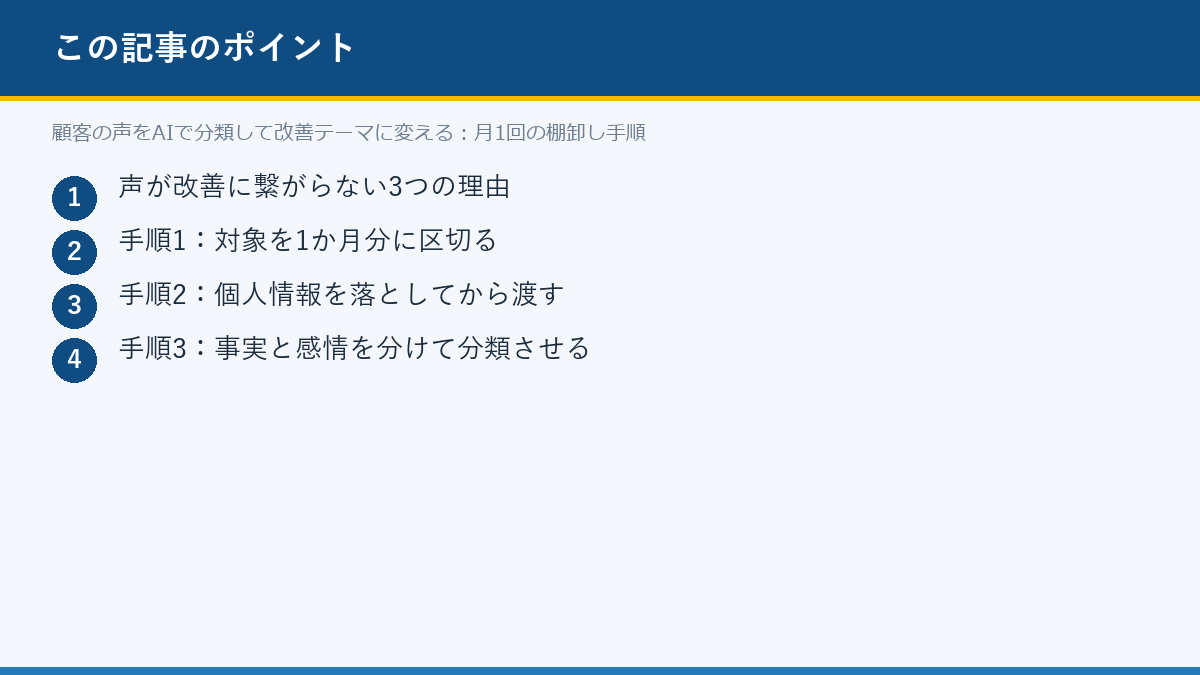顧客の声をAIで分類して改善テーマに変える：月1回の棚卸し手順のポイント
