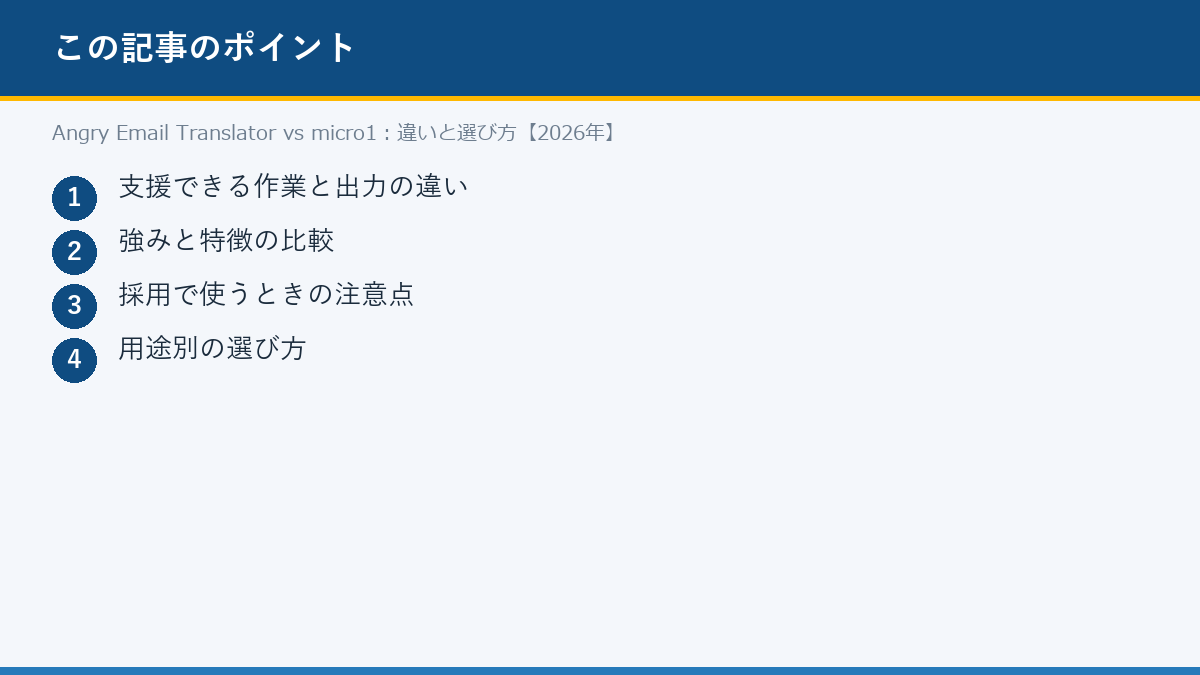 Angry Email Translator vs micro1：違いと選び方【2026年】のポイント