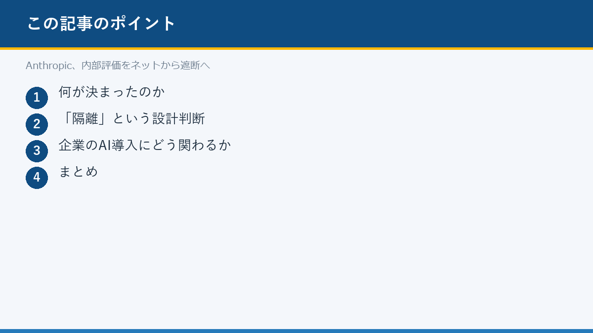 Anthropic、内部評価をネットから遮断へのポイント