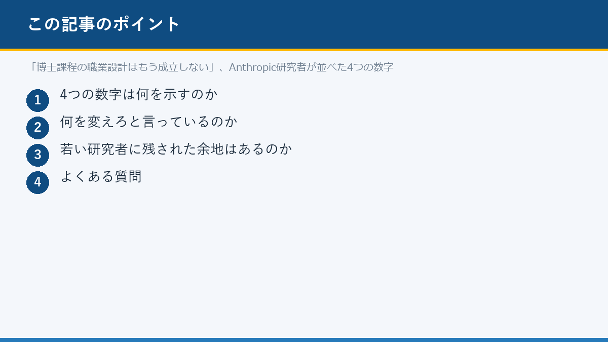 「博士課程の職業設計はもう成立しない」、Anthropic研究者が並べた4つの数字のポイント