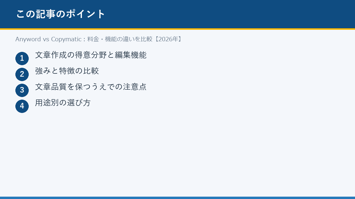Anyword vs Copymatic:料金・機能の違いを比較【2026年】のポイント