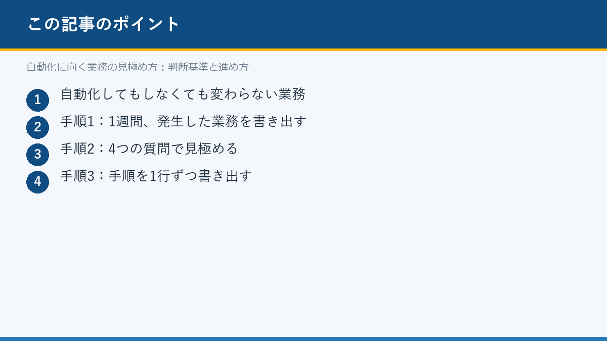 自動化に向く業務の見極め方:判断基準と進め方のポイント