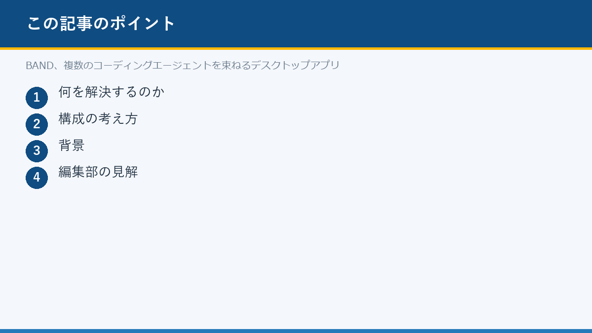 BAND、複数のコーディングエージェントを束ねるデスクトップアプリのポイント