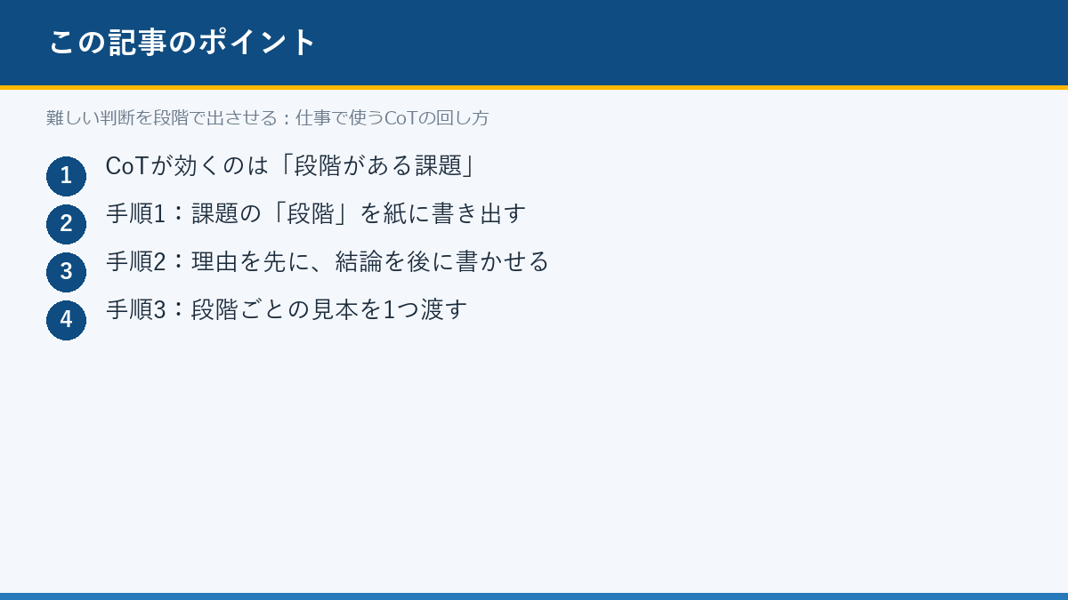 難しい判断を段階で出させる:仕事で使うCoTの回し方のポイント