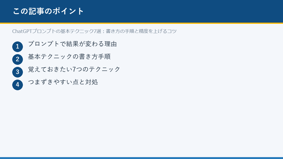 ChatGPTプロンプトの基本テクニック7選:書き方の手順と精度を上げるコツのポイント