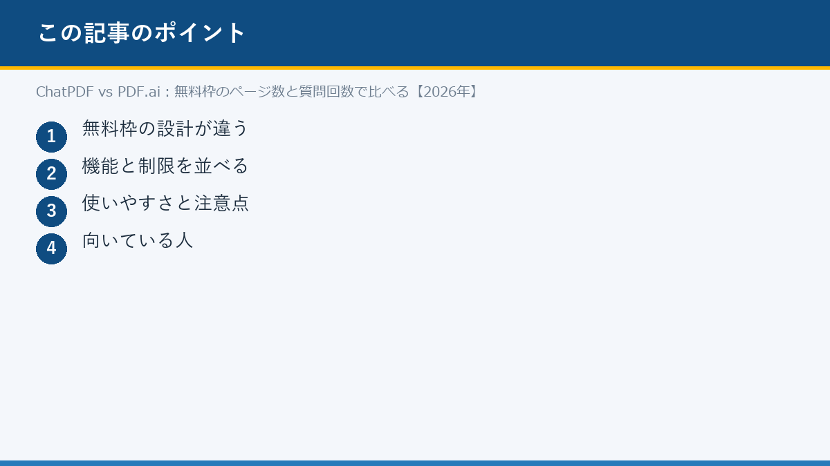 ChatPDF vs PDF.ai：無料枠のページ数と質問回数で比べる【2026年】のポイント