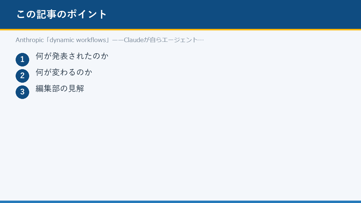 Anthropic「dynamic workflows」——Claudeが自らエージェントを編成のポイント