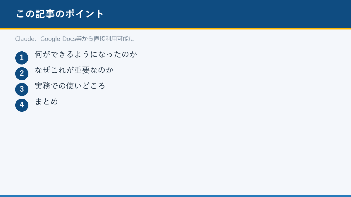 Claude、Google Docs等から直接利用可能にのポイント