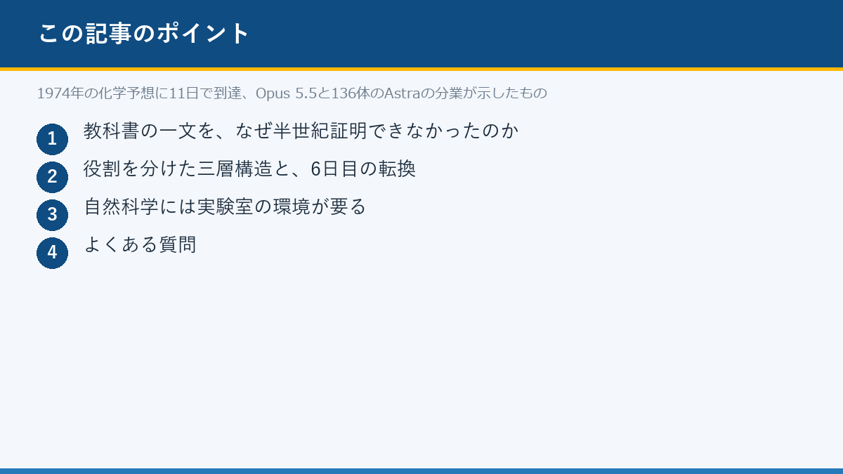 1974年の化学予想に11日で到達、Opus 5.5と136体のAstraの分業が示したもののポイント