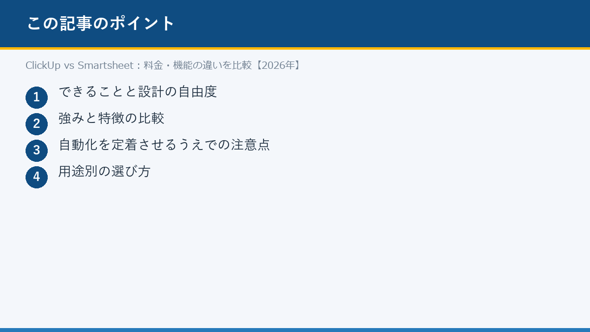 ClickUp vs Smartsheet：料金・機能の違いを比較【2026年】のポイント