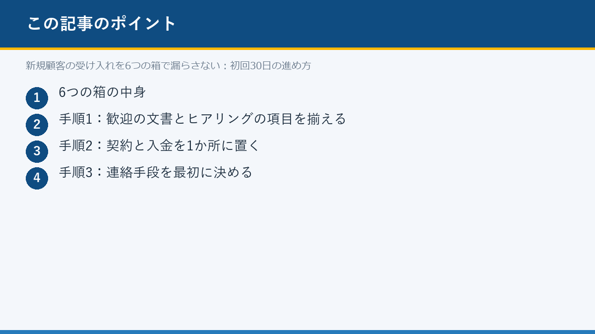 新規顧客の受け入れを6つの箱で漏らさない:初回30日の進め方のポイント