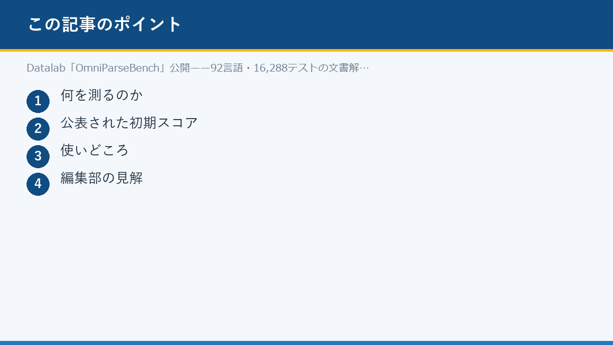 Datalab「OmniParseBench」公開——92言語・16,288テストの文書解析評価のポイント