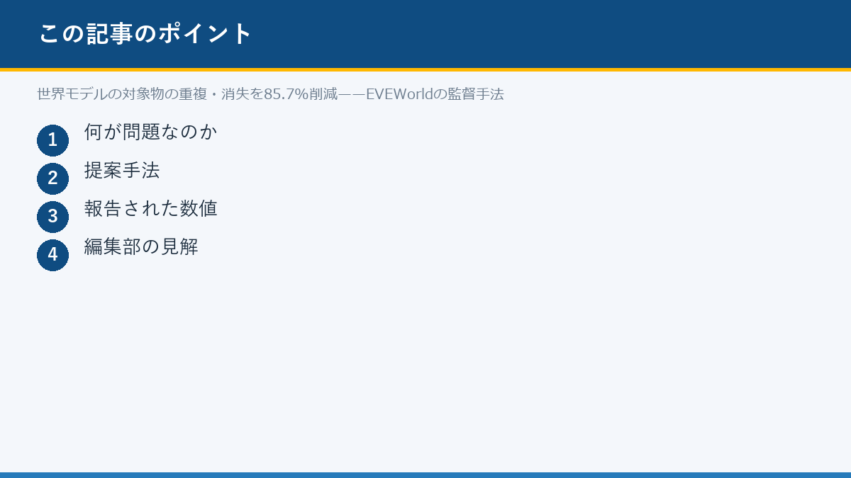 世界モデルの対象物の重複・消失を85.7%削減——EVEWorldの監督手法のポイント