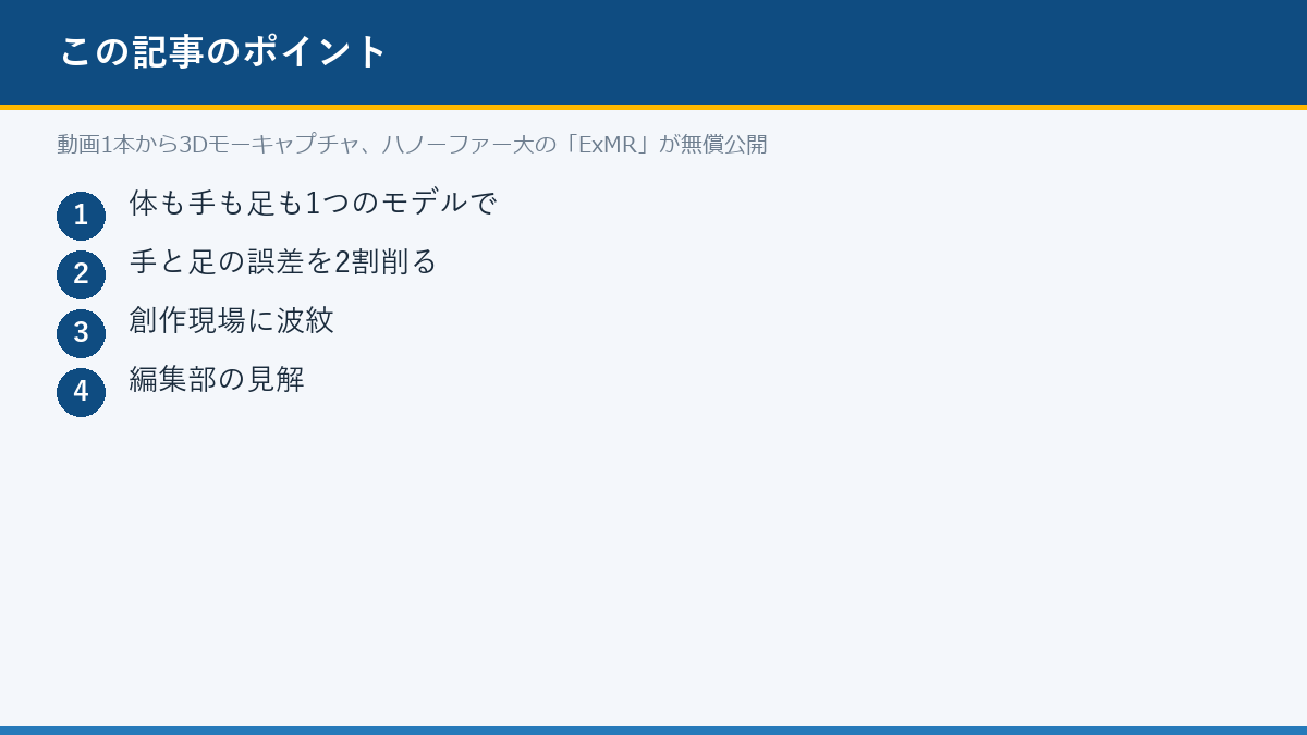 動画1本から3Dモーキャプチャ、ハノーファー大の「ExMR」が無償公開のポイント