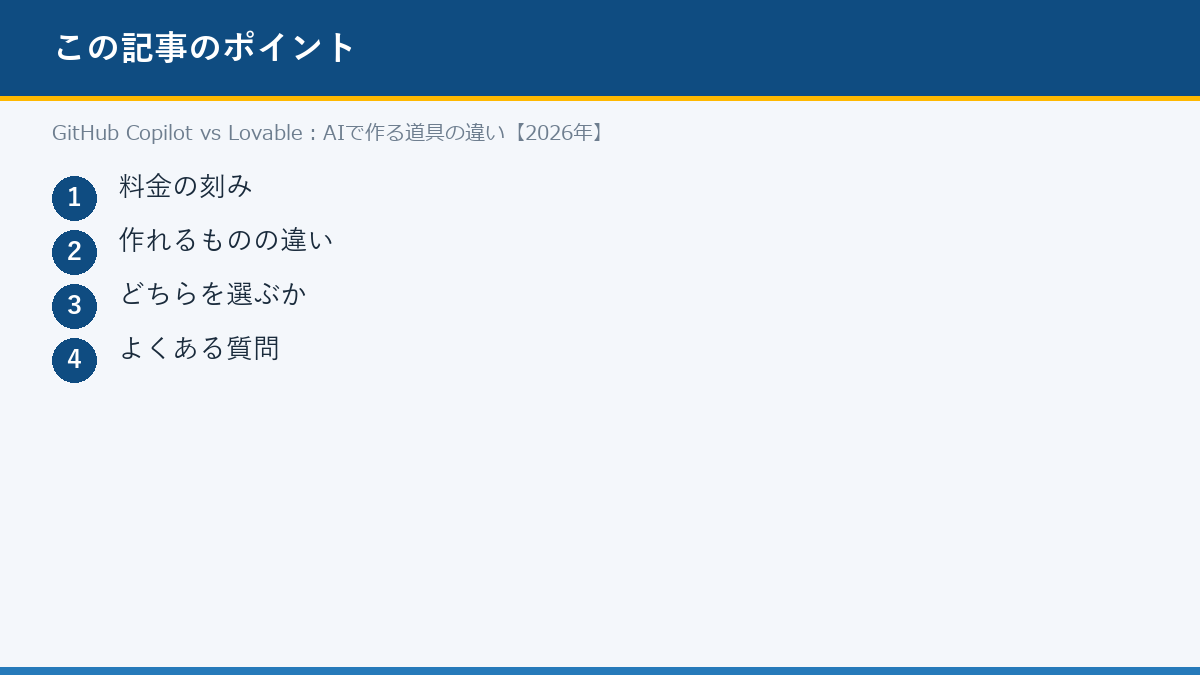 GitHub Copilot vs Lovable：AIで作る道具の違い【2026年】のポイント