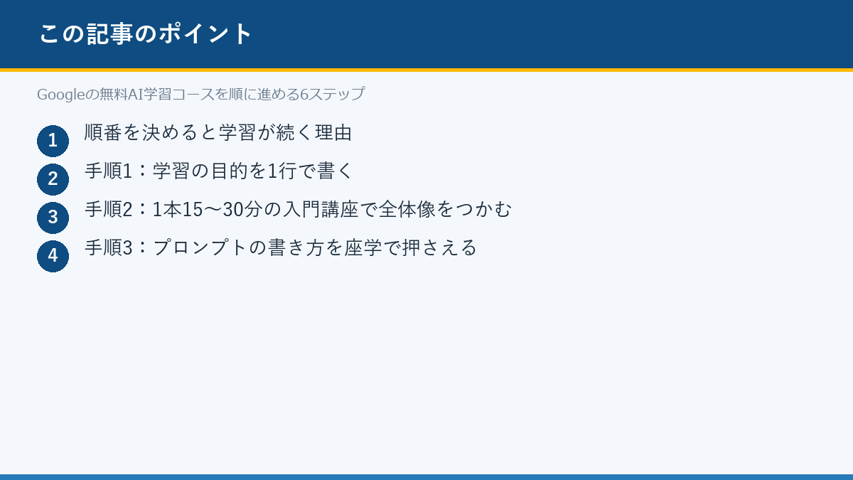 Googleの無料AI学習コースを順に進める6ステップのポイント