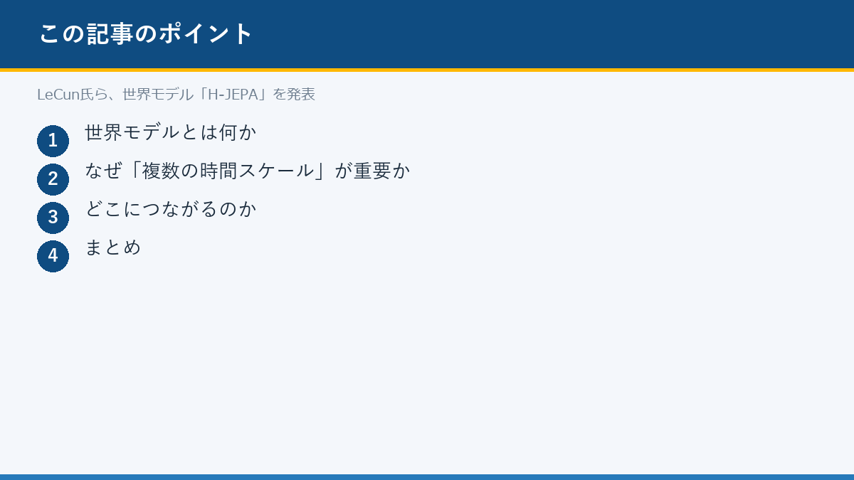LeCun氏ら、世界モデル「H-JEPA」を発表のポイント