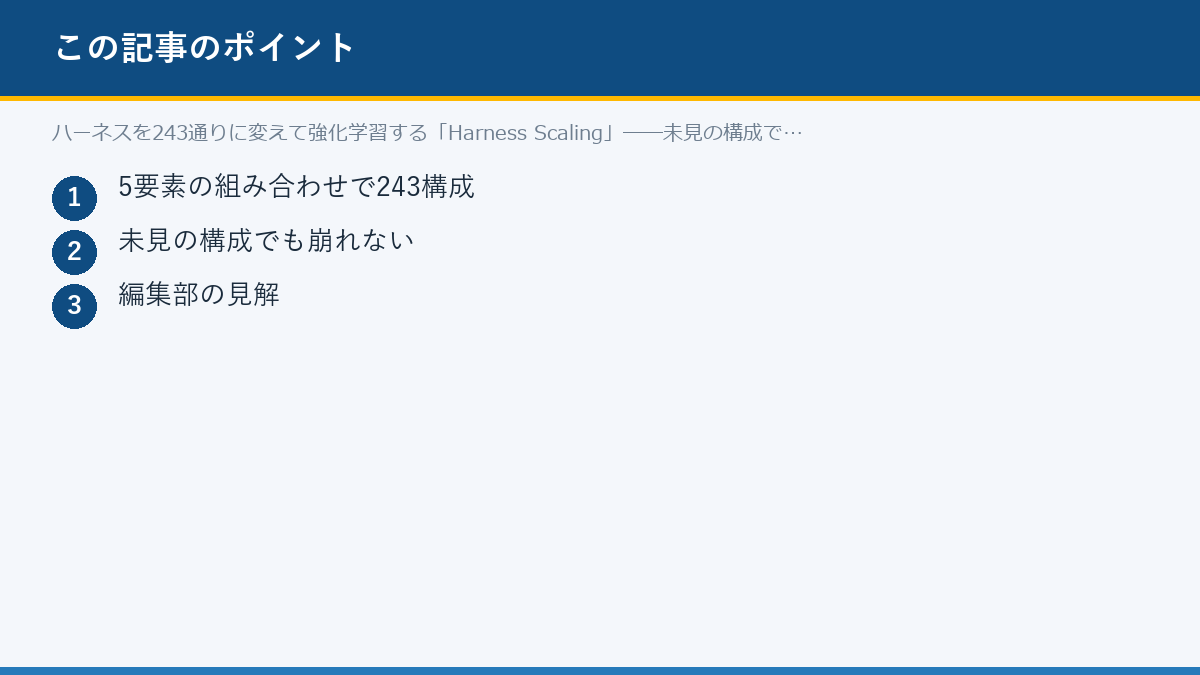 ハーネスを243通りに変えて強化学習する「Harness Scaling」──未見の構成でも崩れないのポイント