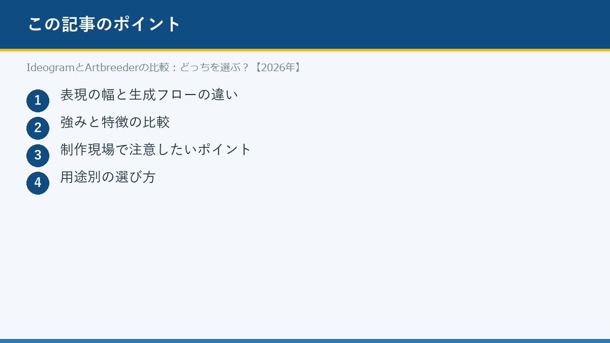 IdeogramとArtbreederの比較:どっちを選ぶ?【2026年】のポイント