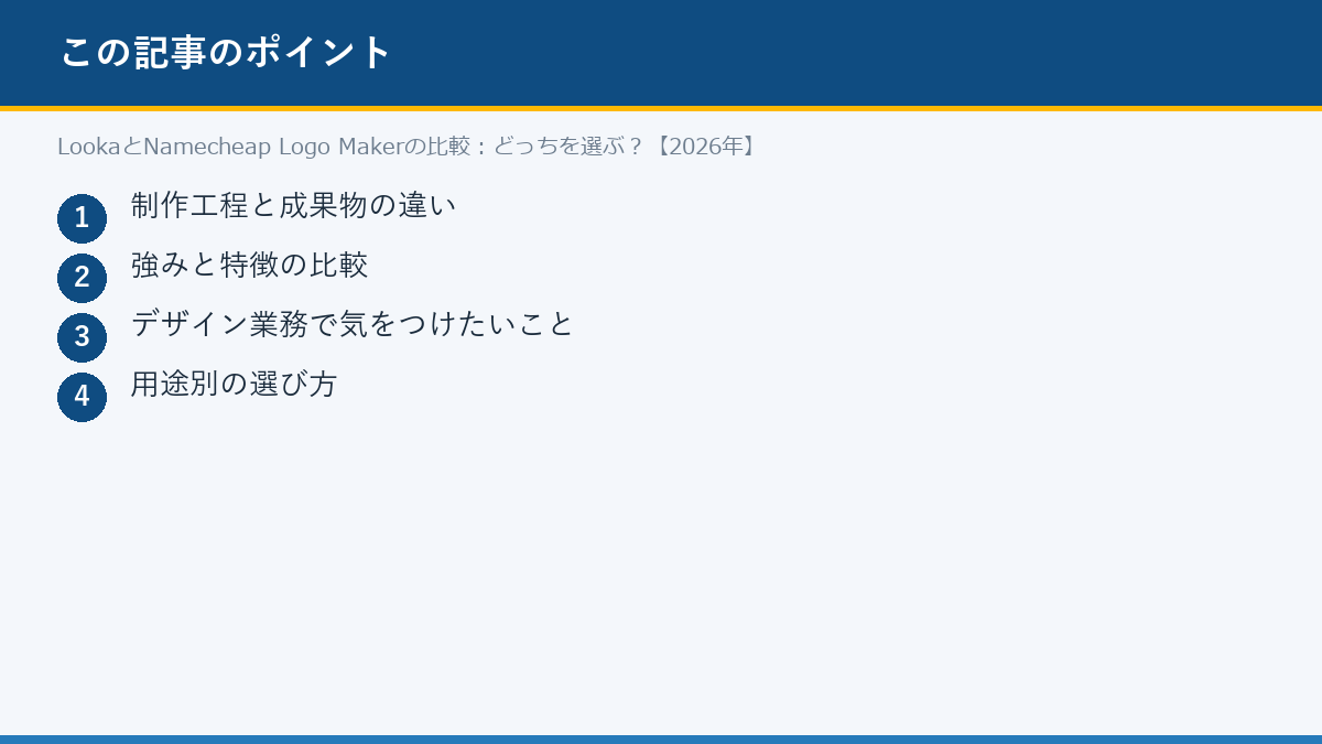 LookaとNamecheap Logo Makerの比較:どっちを選ぶ?【2026年】のポイント