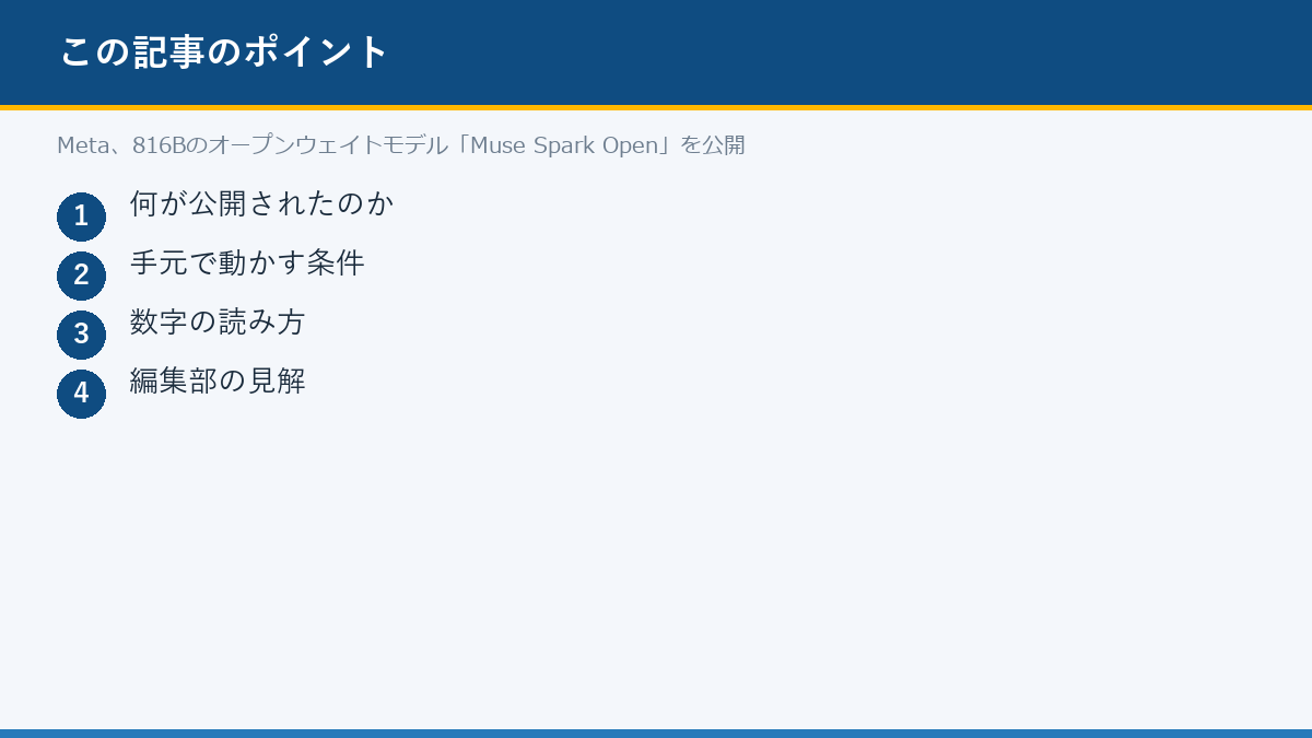 Meta、816Bのオープンウェイトモデル「Muse Spark Open」を公開のポイント