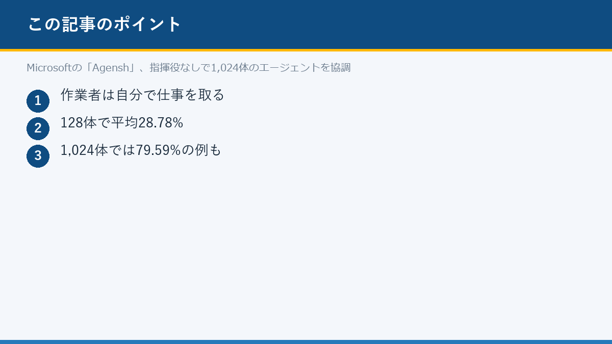 Microsoftの「Agensh」、指揮役なしで1,024体のエージェントを協調のポイント