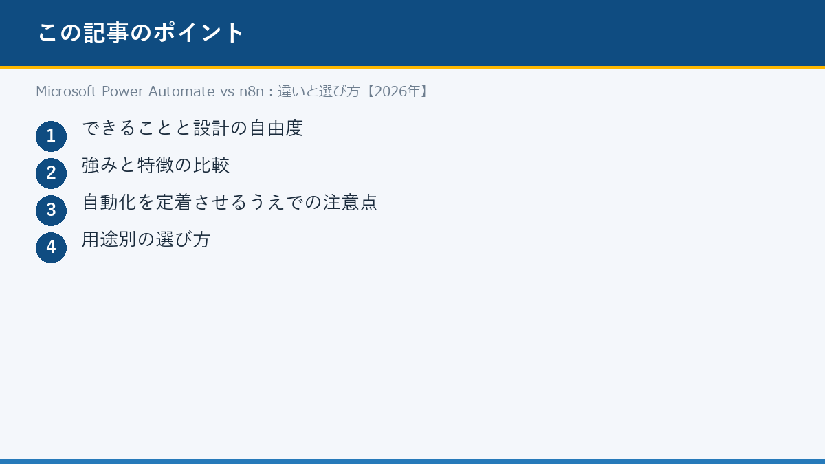 Microsoft Power Automate vs n8n:違いと選び方【2026年】のポイント