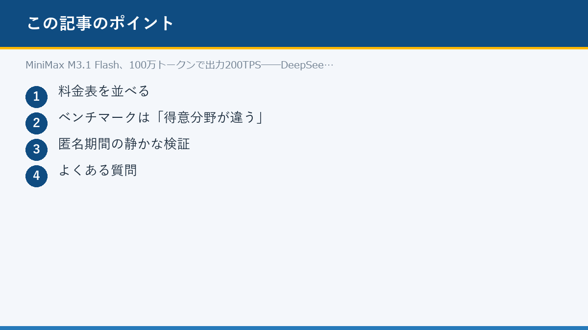 MiniMax M3.1 Flash、100万トークンで出力200TPS──DeepSeekと48時間差の「双強」のポイント