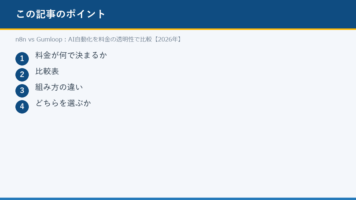 n8n vs Gumloop:AI自動化を料金の透明性で比較【2026年】のポイント