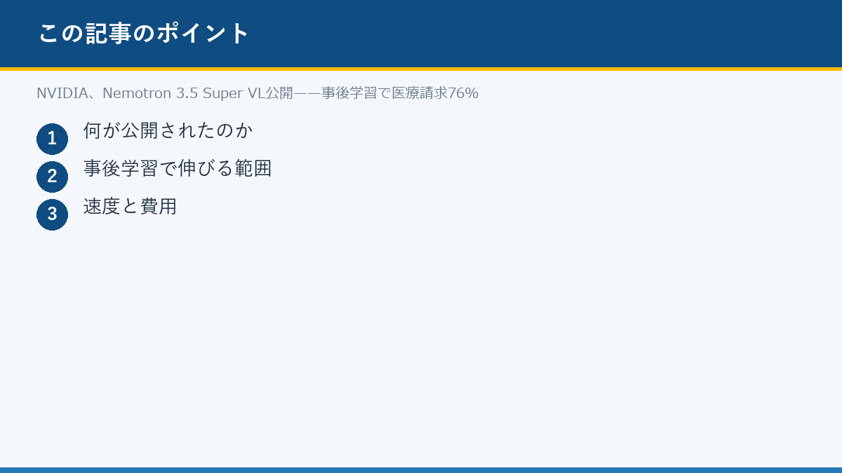 NVIDIA、Nemotron 3.5 Super VL公開——事後学習で医療請求76%のポイント