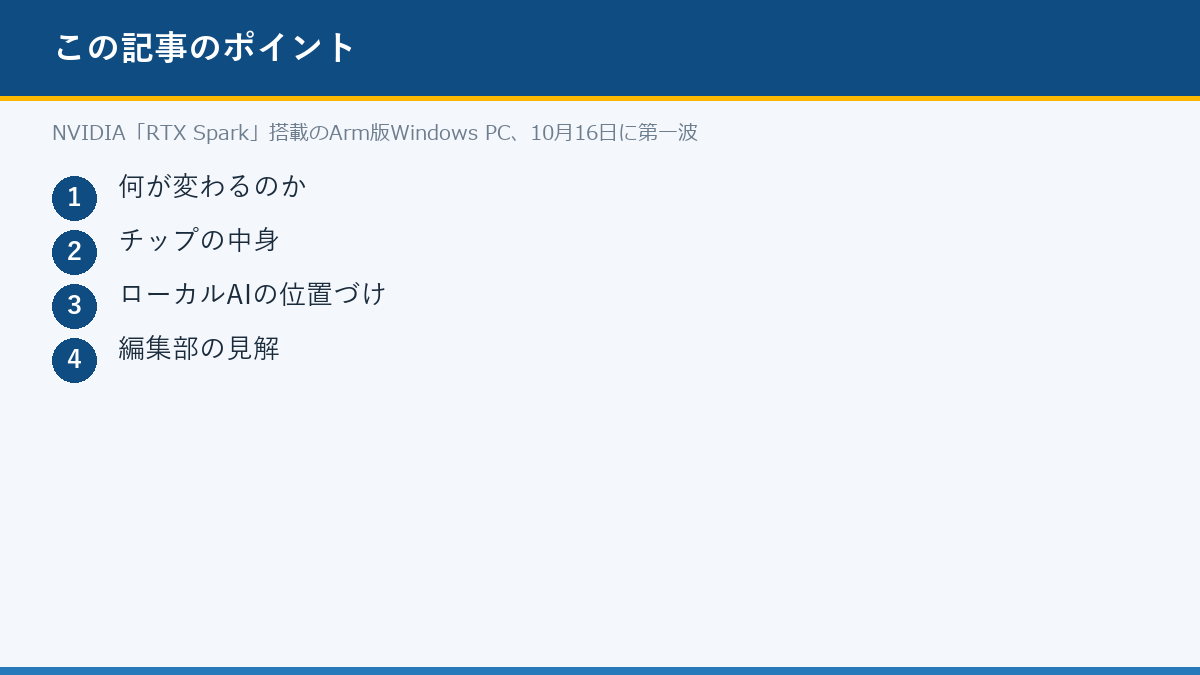 NVIDIA「RTX Spark」搭載のArm版Windows PC、10月16日に第一波のポイント