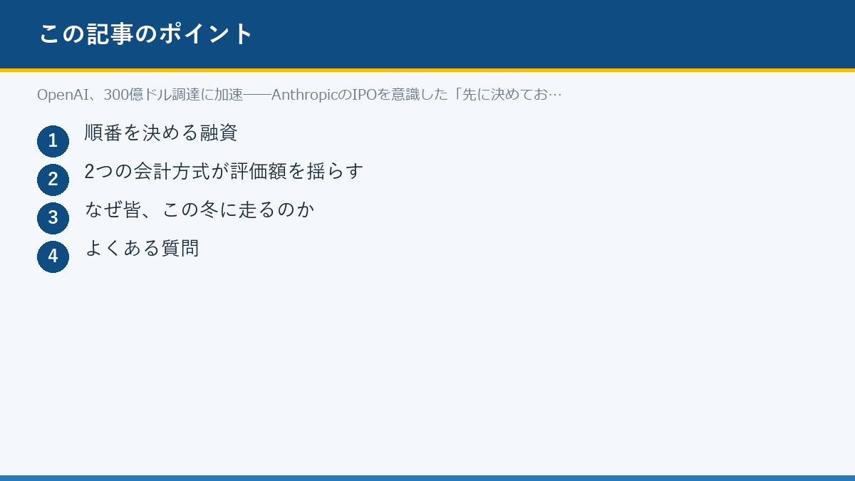 OpenAI、300億ドル調達に加速──AnthropicのIPOを意識した「先に決めておく」資本戦略のポイント