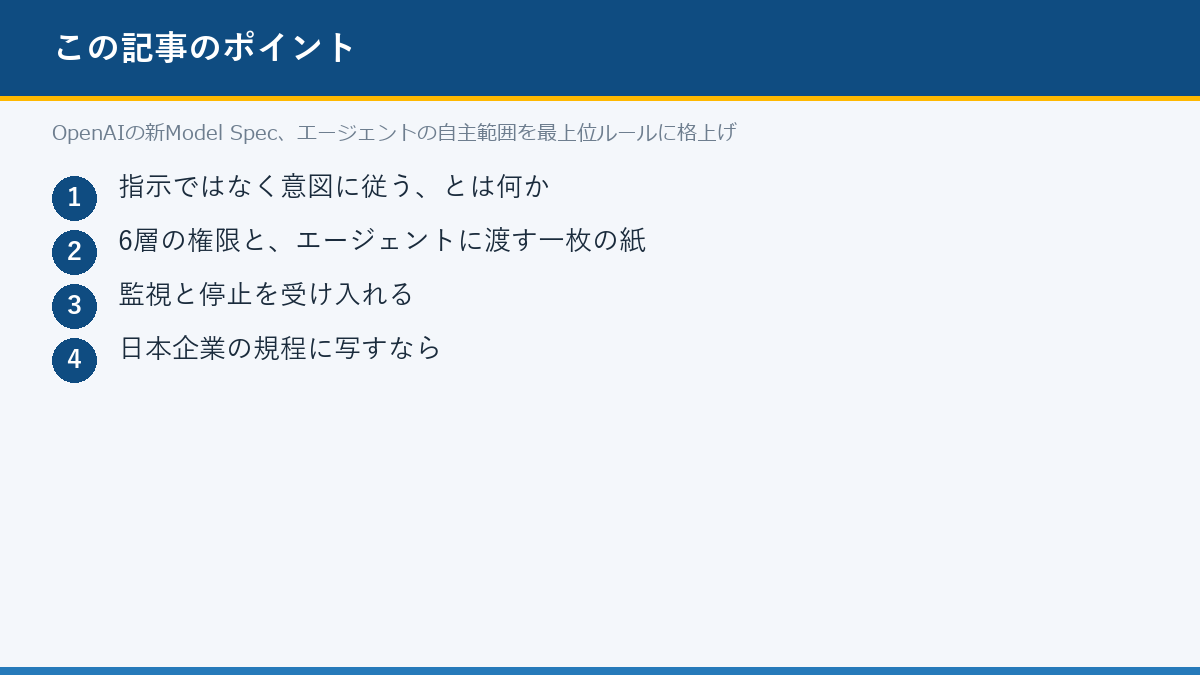 OpenAIの新Model Spec、エージェントの自主範囲を最上位ルールに格上げのポイント