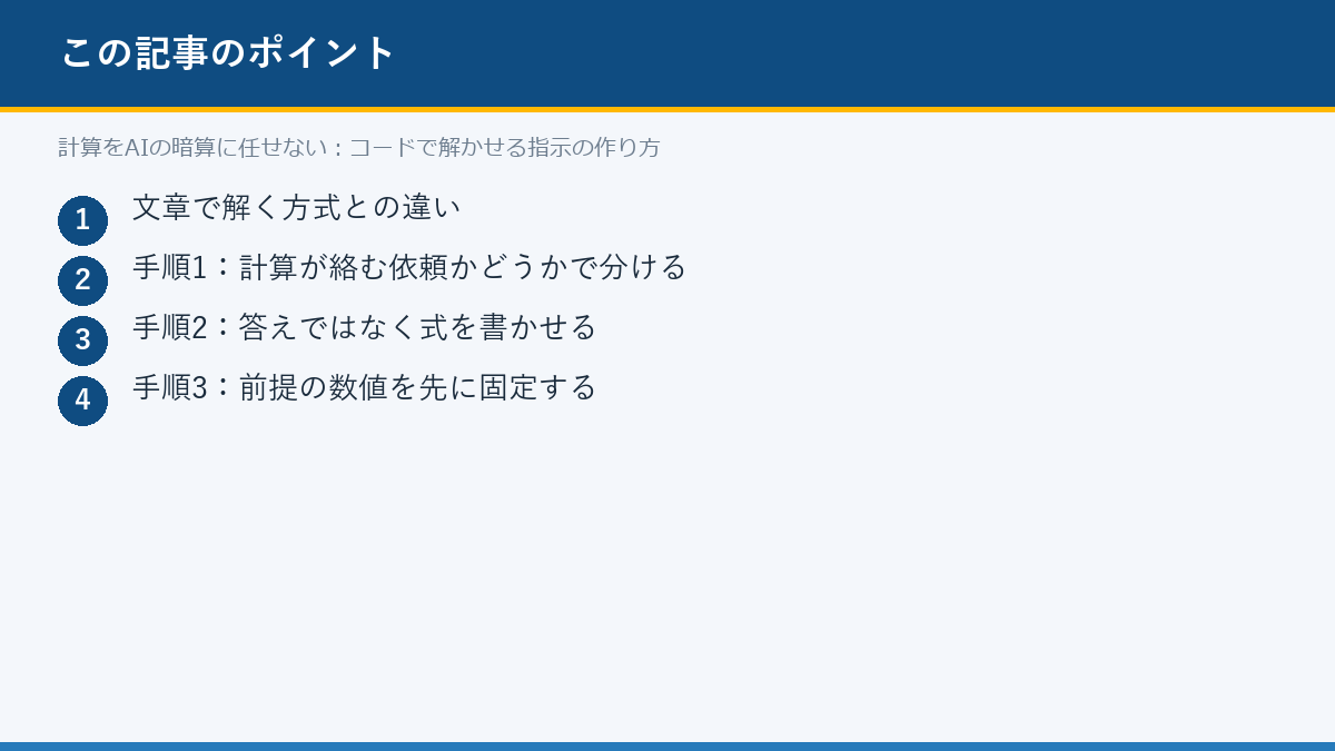 計算をAIの暗算に任せない:コードで解かせる指示の作り方のポイント