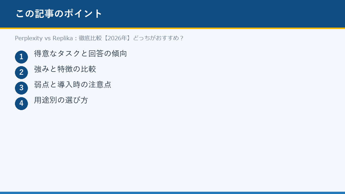 Perplexity vs Replika:徹底比較【2026年】どっちがおすすめ?のポイント