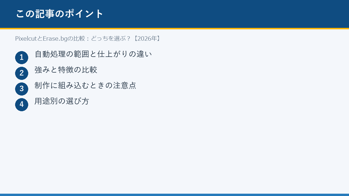 PixelcutとErase.bgの比較:どっちを選ぶ?【2026年】のポイント