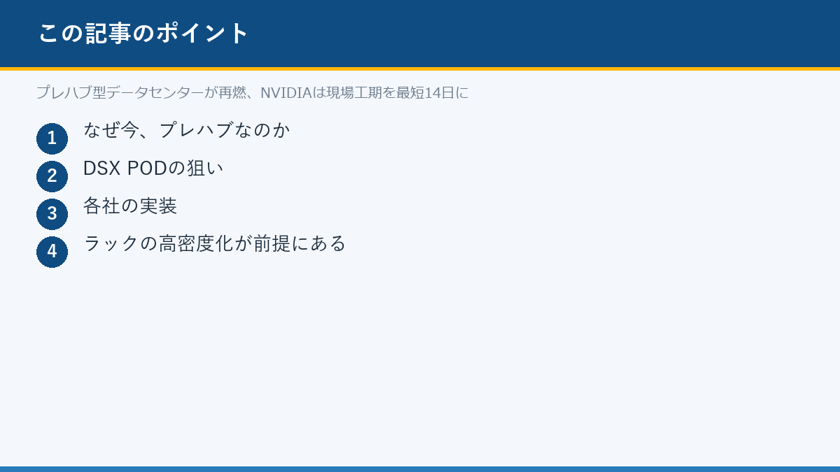 プレハブ型データセンターが再燃、NVIDIAは現場工期を最短14日にのポイント