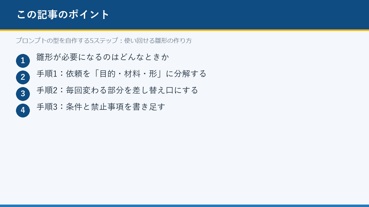 プロンプトの型を自作する5ステップ:使い回せる雛形の作り方のポイント