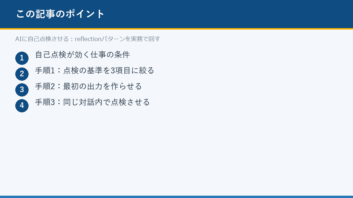 AIに自己点検させる:reflectionパターンを実務で回すのポイント