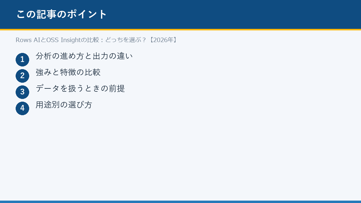 Rows AIとOSS Insightの比較:どっちを選ぶ?【2026年】のポイント