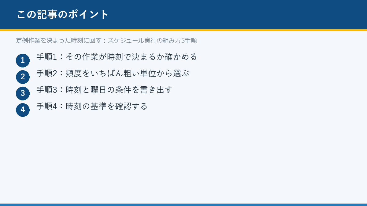 定例作業を決まった時刻に回す：スケジュール実行の組み方5手順のポイント