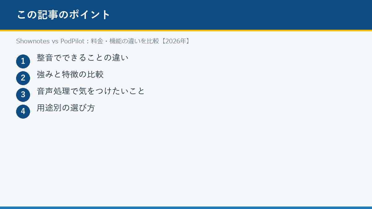 Shownotes vs PodPilot:料金・機能の違いを比較【2026年】のポイント